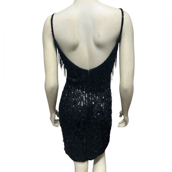 90’s Jacqueline Ferrar 100% Silk Beaded Fringe Black Dress Sleeveless Cocktail - Picture 6 of 16